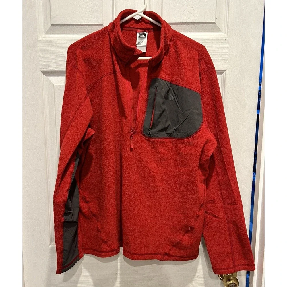 The North Face‎ Mens XL Red 1/4 Zip Fleece Pullover Jacket Gray Chest Pocket